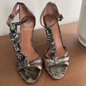 Vince Camuto Snakeskin Strappy Heels with Gemstone Accents